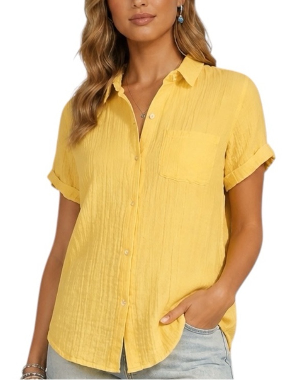 NWT ELAN Double Gaze Button Front Pocket Short Sleeve Top Size Large